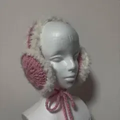 イヤーマフ 耳当て ハンドメイド 編み物 手編み ピンク　ホワイト