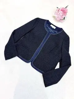 【美品】ノーカラーツイードジャケット ネイビー ラメ 15号大きいサイズ