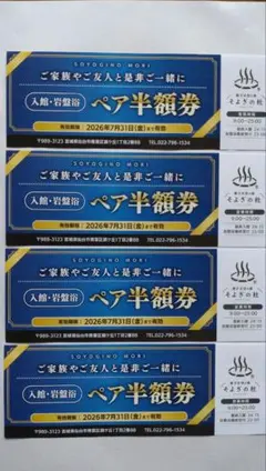 【4枚】愛子天空の湯　そよぎの杜　入館・岩盤浴ペア半額券のサムネイル