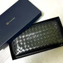 極美品 HERGOPOCH 長財布 ラウンドファスナー 編み込み レザー 黒 