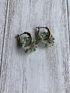ハンドメイド ビーズ フープピアス ゴールド　グリーン
