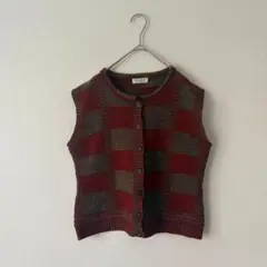 【レトロ】チェック ニットベスト アルパカ混 赤 古着女子