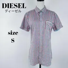 【a580】DIESEL ディーゼル 半袖 チェック シャツ S 刺繍 ロゴ