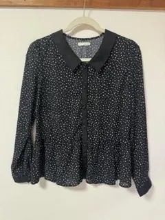 ⑥【OPAQUE CLIP】ドット柄ブラウス 長袖 フリル裾 L