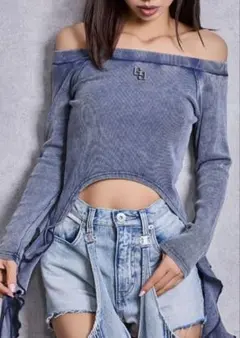GYDA GG SIDE DRAPE EDGEオフショルトップス ネイビー新品のサムネイル
