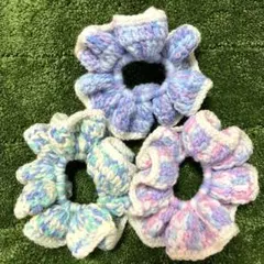 ニットフリル　シュシュ　3個セット　ミックスカラー　編み物