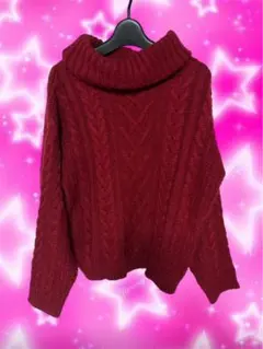 バーガンディ ケーブルニット タートルネック赤