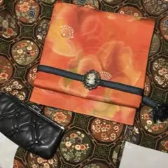 【SALE】新品未使用♡ オレンジ 花柄 名古屋帯 開き仕立て