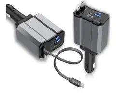 シガーソケット USB-C/USB 車載充電器 4in1USB充電器 巻き取り式
