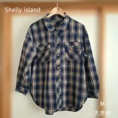 長袖ブラウス シャツ チェック柄 大きめ 紺系 Mのサムネイル