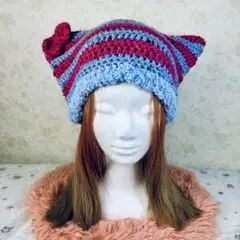 大人用 猫耳ニット帽｜ホリデーツイード使用｜一点もの・個性的デザイン｜ピンク