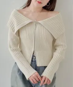 Chico Wジップオフショルジャガードニット