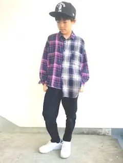 【120cm】ブランシェス 切替え チェック 長袖シャツ アシンメトリー 男の子