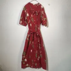 ☆昭和レトロ リボン 花柄 ロングワンピース ガーリー パフスリーブ