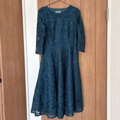 グリーン　レース フレアドレス 3/4袖　フォーマル　キレイめ　ワンピース