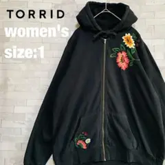 トリッド TORRID レディース 花柄刺繍 パーカー 黒 サイズ1 大きめ