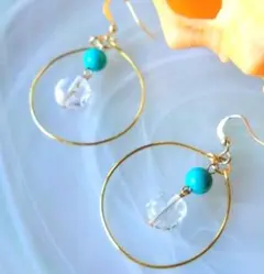 【素粒水ビーズ】ターコイズのフープピアス☆イヤリング ハンドメイド