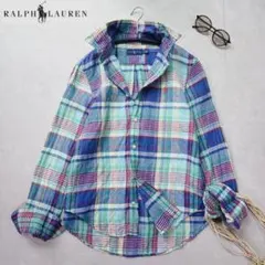 美品】ラルフローレン リネンマドラスチェック 長袖シャツ M ポニー