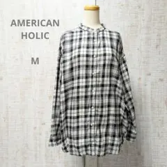 アメリカンホリック チェックシャツ バンドカラー綿ビエラ風シャツ