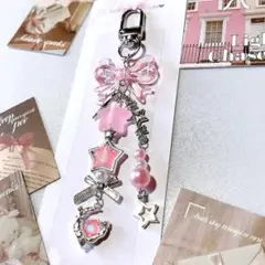 ピンク ビーズキーホルダー/ストラップ y2k 韓国 コレクトブック 星月 平成