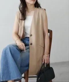 テックリネンノーカラージレ　ベスト　ベージュ