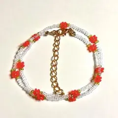 レッド　フラワー　ゴールド　ビーズチョーカー　ネックレス　韓国