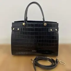 FURLA クロコ型押し ハンドバッグ 2way ブラックのサムネイル