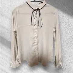 Lace Ladiesブラウス ホワイト L スタンドカラー ボウタイリボン