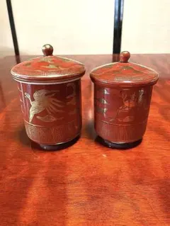 朱塗り 蝙蝠 コウモリ ぐい呑み 2客 金彩 おちょこ 煎茶 酒器 茶器