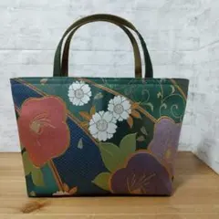 帯リメイクバッグ椿　桜　グリーン