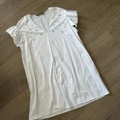 ZARA ザラ　姫　セレブ　フリル　ホワイト　白　パール　リボン　ワンピース