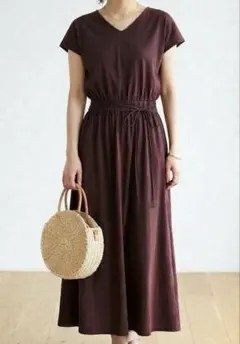 【未着用】ショコラフィネローブ 綿100% マキシワンピース ブラウン 別紐付F