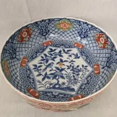 【未使用】美濃焼 庫山窯 大鉢 25cm 赤絵 牡丹 和柄 染錦花鳥 盛鉢