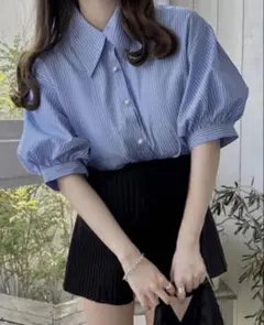 GRL ストライプ柄パフスリーブバックレースアップブラウス