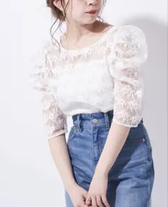 5分袖キャミ付きオーガンジーブラウス