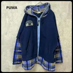 PUMA　プーマ　フリースパーカー　90s　チェック　切替　ロゴ　ネイビー