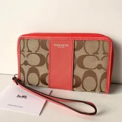 【COACH】コーチ　シグネチャー　ジップ財布　リストレットポーチ　ベージュ　赤