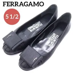 フェラガモ パンプス フラットシューズ　22cm 黒　靴 5.5ブラック　リボン