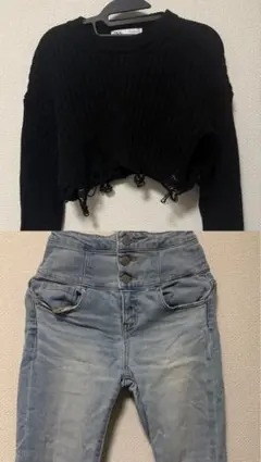 ギャルセット 黒いリブ編みクロップドセーター スキニーパンツ淡いブルー