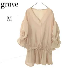 grove グローブ シアー フリル 五分袖 ブラウス ベージュ M レディース