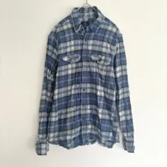 ネルシャツ レギュラーカラー 長袖 チェック S 青 綿 普段着 秋冬