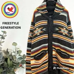 SALE中　ニット　カーディガン　総柄　カラフル　黒　水色　オレンジ　古着