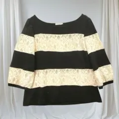 レース切替ボーダートップス 七分袖 黒 38 きれいめ 日本製 春秋 レディース