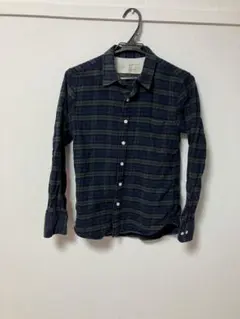 ネイビーとグリーンのチェック柄長袖ネルシャツ XS