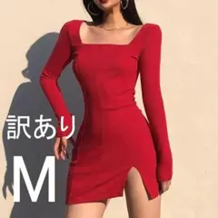 2-2-2-2スクエアネック スリット ボディコン ワンピース レッド S～M