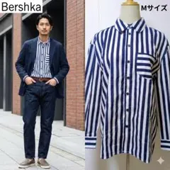 【綿100%】ベルシュカ ストライプ長袖シャツ XS 青白 ビッグシルエット