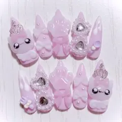 No.656　ネイルチップ 現品 量産型 地雷系 サブカル 平成女児 猫 ピンク