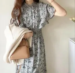 【mily bilet】ワンピース 花柄 フレア袖 水色