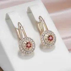【14KGP刻印585RG】レトロ サークル 赤 小粒 ジルコン ピアス
