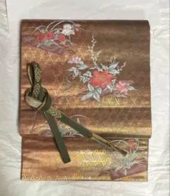 錦秋草花文　手織　ブロンズ色袋帯　花柄刺繍 袋帯 金茶色